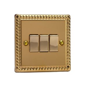 Varilight Georgian Brass 3-Gang 10A 1- or 2-Way Rocker Switch - XG3D