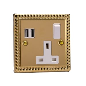 Varilight Georgian Brass 1-Gang 13A Single Pole Switched Socket + 2x5V DC 3400mA USB Charging Ports - XG4U2SW