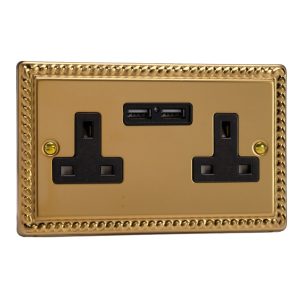 Varilight Georgian Brass 2-Gang 13A Unswitched Socket + 2x5V DC 2100mA USB Charging Ports - XG5U2B