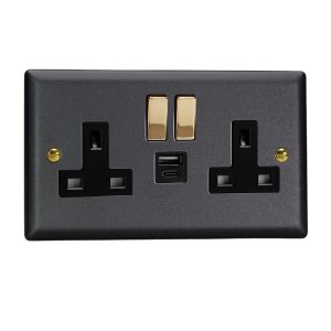 Varilight Vogue Matt Black 2-Gang 13A Single Pole Switched Socket with 1x USB A & 1x USB C Charging Ports - XY5UACVB.MB