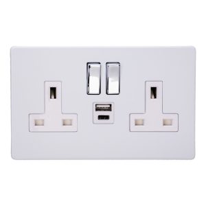 Varilight Primed 2-Gang 13A Single Pole Switched Socket with 1x USB A & 1x USB C Charging Ports - XDY5UACWS.PD