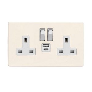 Varilight Primed 2-Gang 13A Single Pole Switched Socket with 1x USB A & 1x USB C Charging Ports - XDY5UACWS.PD