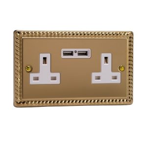 Varilight Georgian Brass 2-Gang 13A Unswitched Socket + 2x5V DC 2100mA USB Charging Ports - XG5U2W