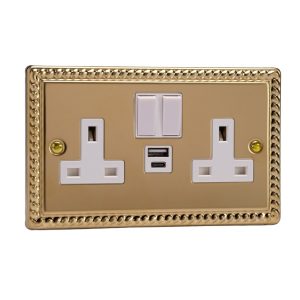 Varilight Georgian Brass 2-Gang 13A Single Pole Switched Socket with 1x USB A & 1x USB C Charging Ports - XG5UACW