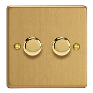 Brushed Brass 2-Gang 2-Way V-Pro Push On/Off Rotary LED Dimmer 2 x 0-120W JDEP252.BB