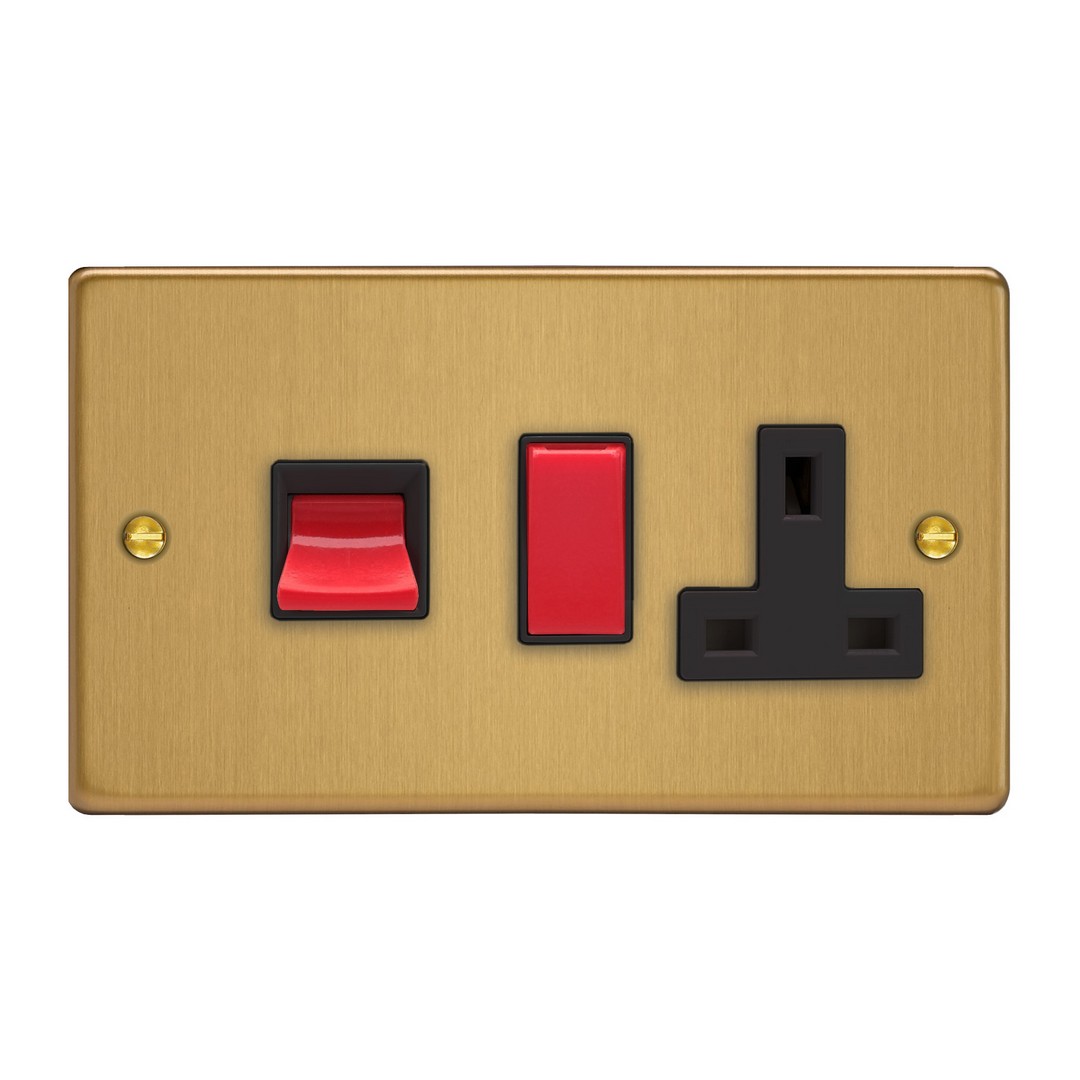 Brushed Brass 45A Cooker Panel with 13A Double Pole Switched Socket Outlet (Red Rocker) XDE45PB.BB
