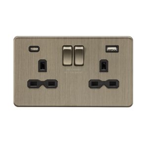 Antique Brass 13A 2G SP Switched Socket with dual USB C+A 5V DC 4.0A [shared] - SFR9940AB
