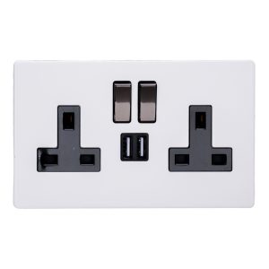 Varilight Primed 2-Gang 13A Single Pole Switched Socket + 2x5V DC 2100mA USB Charging Ports XDY5U2SIBS.PD