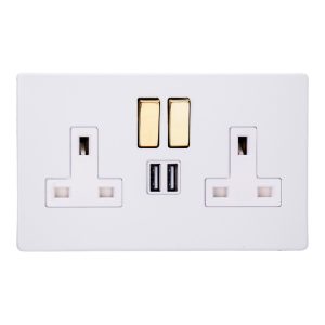 Varilight Primed 2-Gang 13A Single Pole Switched Socket + 2x5V DC 2100mA USB Charging Ports XDY5U2SVWS.PD