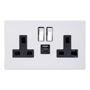 Varilight Primed 2-Gang 13A Single Pole Switched Socket with 1x USB A & 1x USB C Charging Ports – XDY5UACBS.PD
