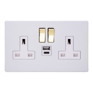 Varilight Primed 2-Gang 13A Single Pole Switched Socket with 1x USB A & 1x USB C Charging Ports – XDY5UACVWS.PD