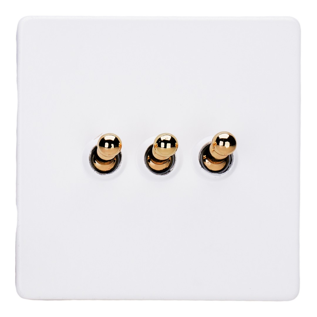 Varilight Primed 3-Gang 10A 1- or 2-Way Toggle Switch with Brass Toggle - XDYT3VS.PD