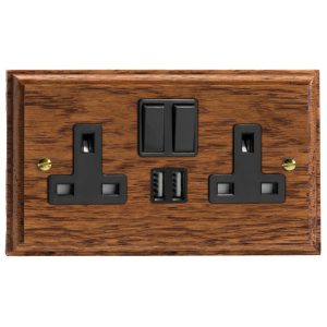 Varilight Kilnwood Double Socket with 2 x 12W Shared USB A Charging Ports - XK5U2SMOB