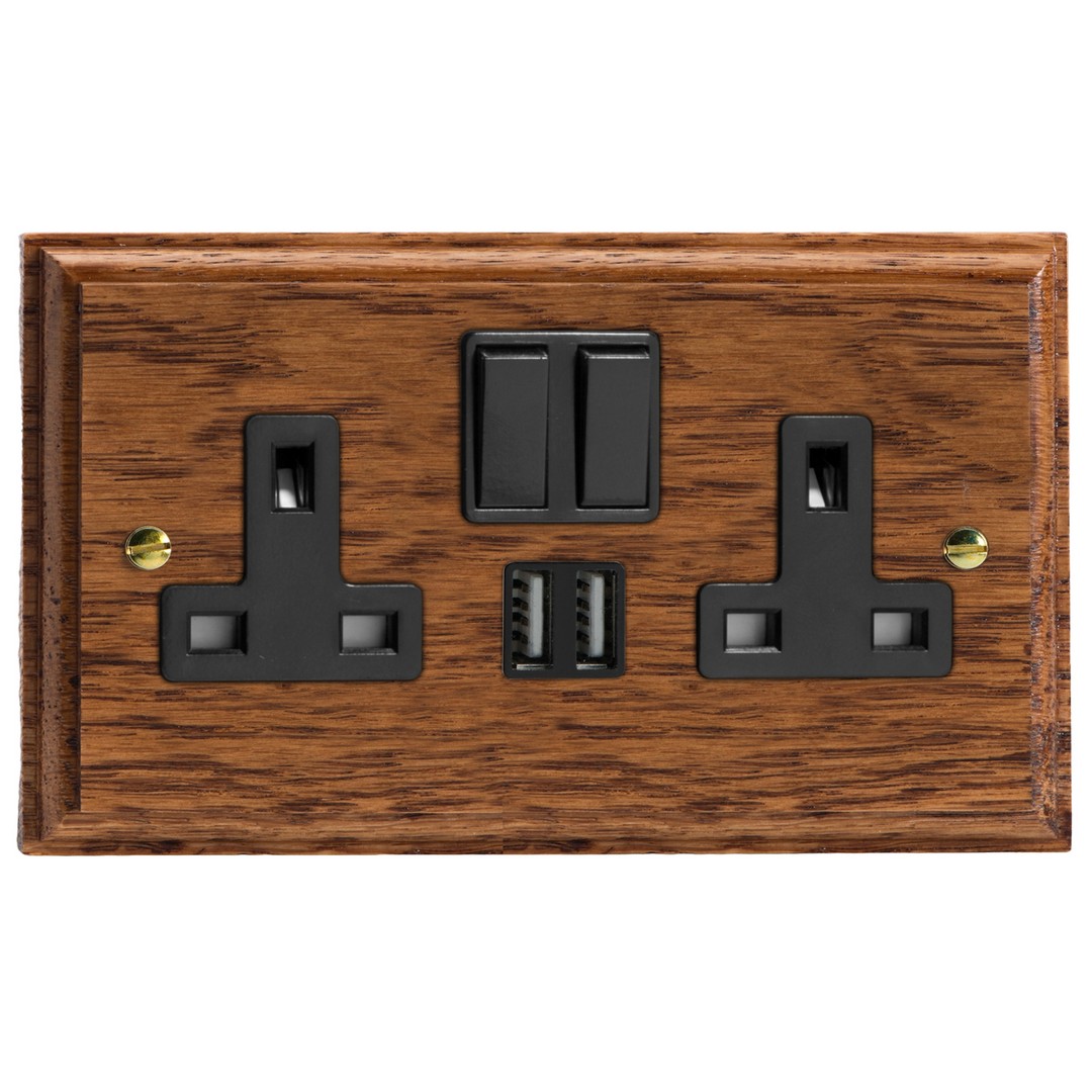 Varilight Kilnwood Double Socket with 2 x 12W Shared USB A Charging Ports - XK5U2SMOB