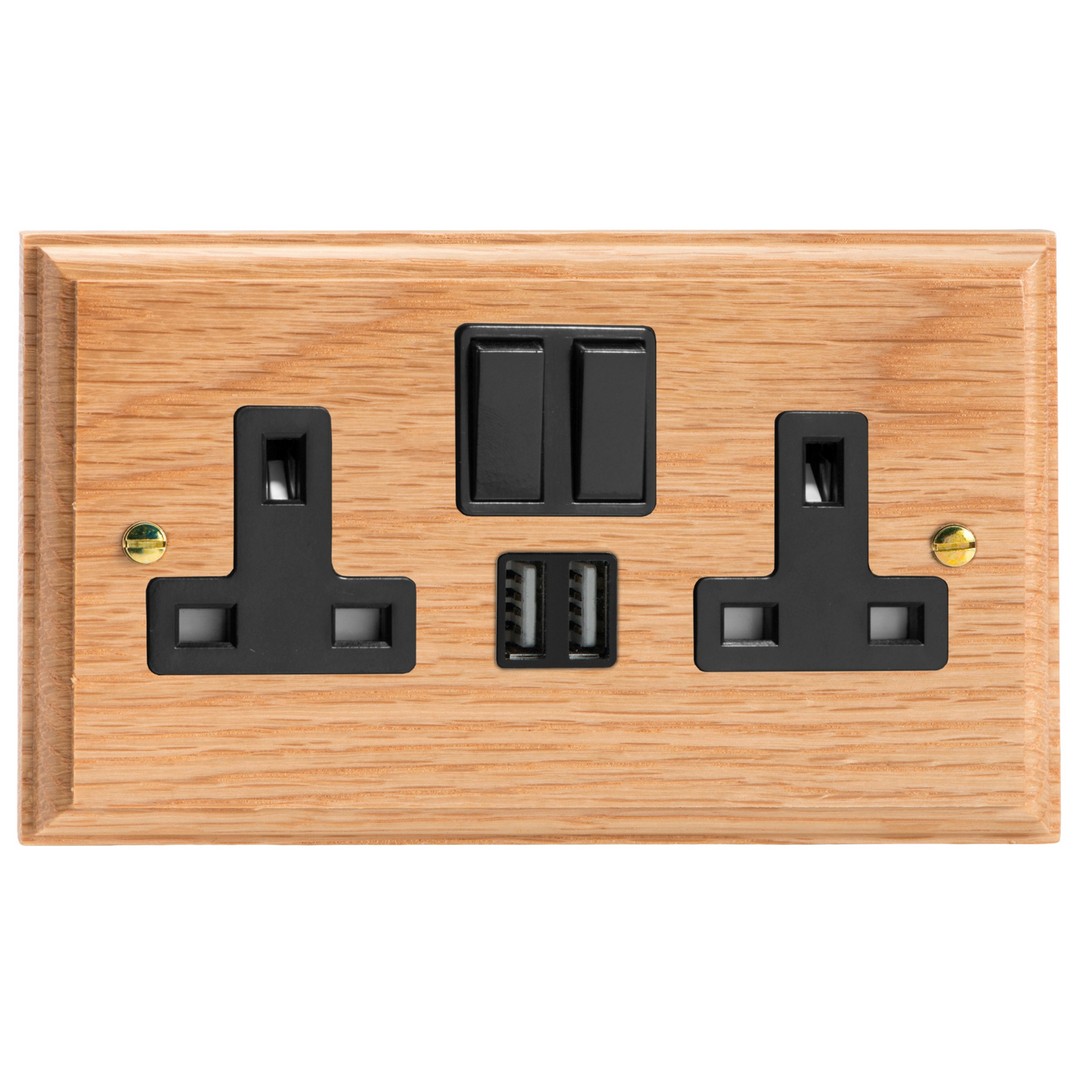 Varilight Kilnwood Double Socket with 2 x 12W Shared USB A Charging Ports - XK5U2SOB